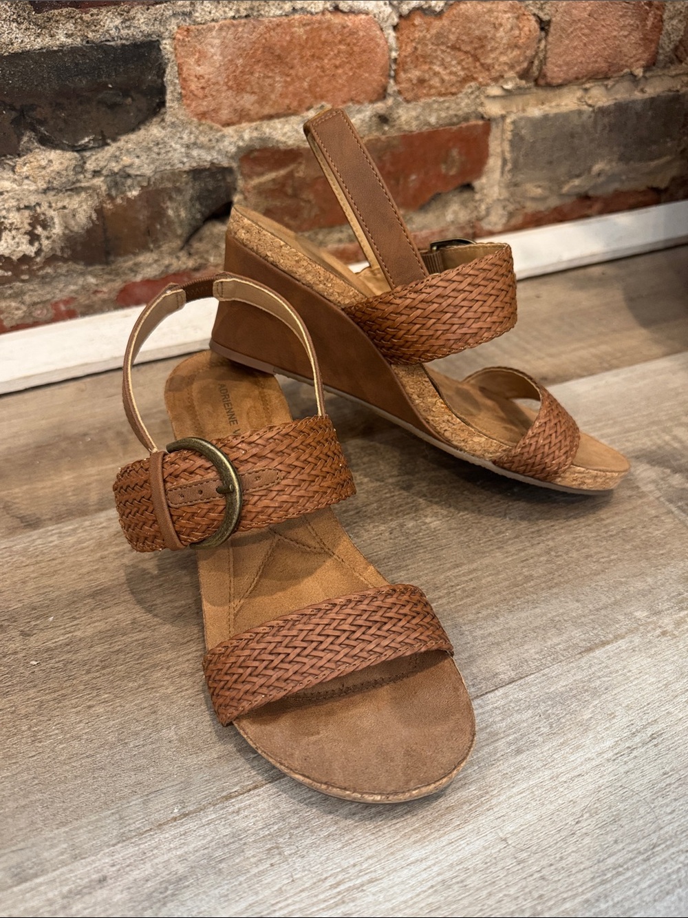 Adrienne Vittadini Tomer brown woven wedge boho chic open toe sandals wedge heel